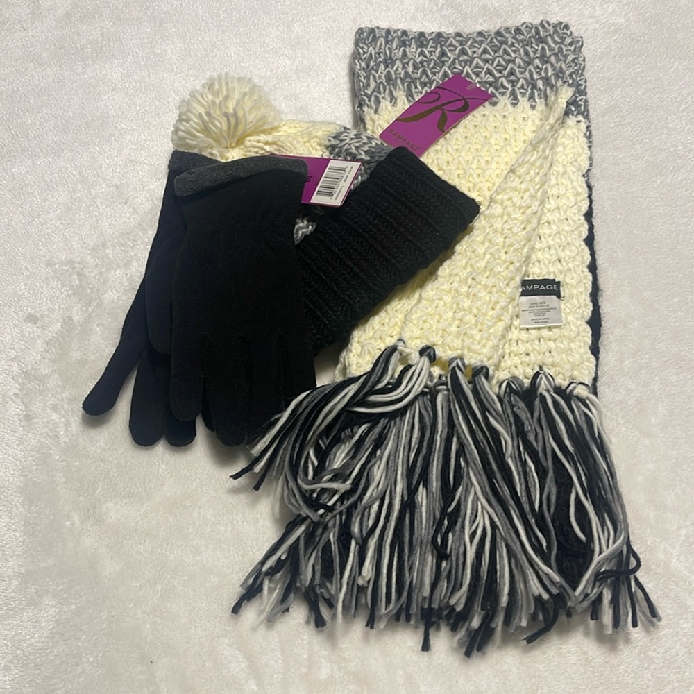 NWT! Rampage Colorblock Pom Pom Cuffed Winter Beanie, Gloves, & Fringe Scarf Set